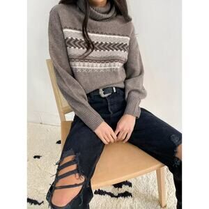 360 Cashmere Women's Brown Kimmie Fair Isle Turtleneck Sweater Size Medium